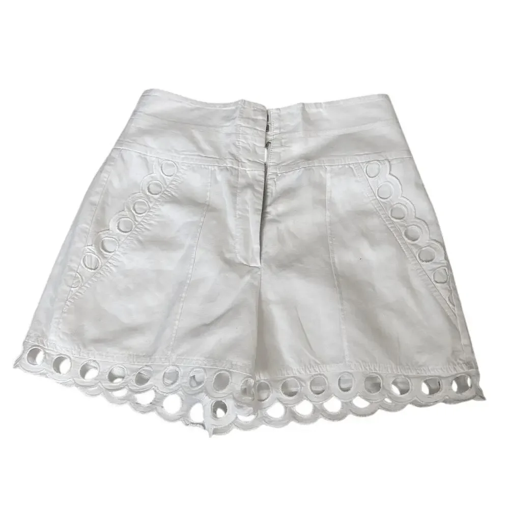 Rebecca Taylor White Linen Cotton Eyelet Hem Shorts 0 - Picture 2 of 6